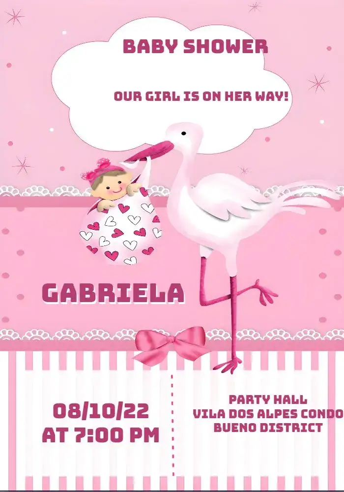 Invitation Baby Shower Stork Girl Pink – Diaper Shower theme pink, white, stork, delicate, modern, childish