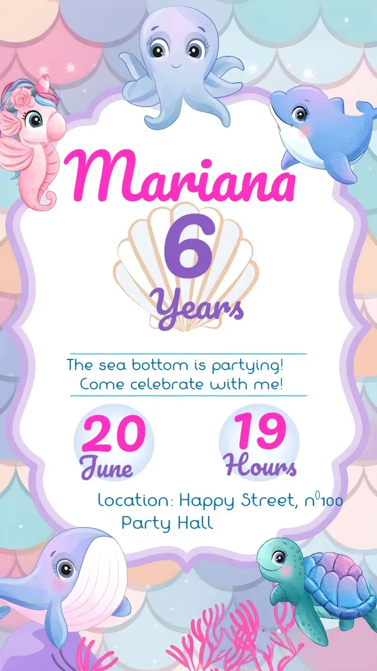 Invitation Under the Sea Girl Turtle Theme – Kids' Birthday Party theme under the sea, vibrant colors, playful style, marine elements, tropical, fun
