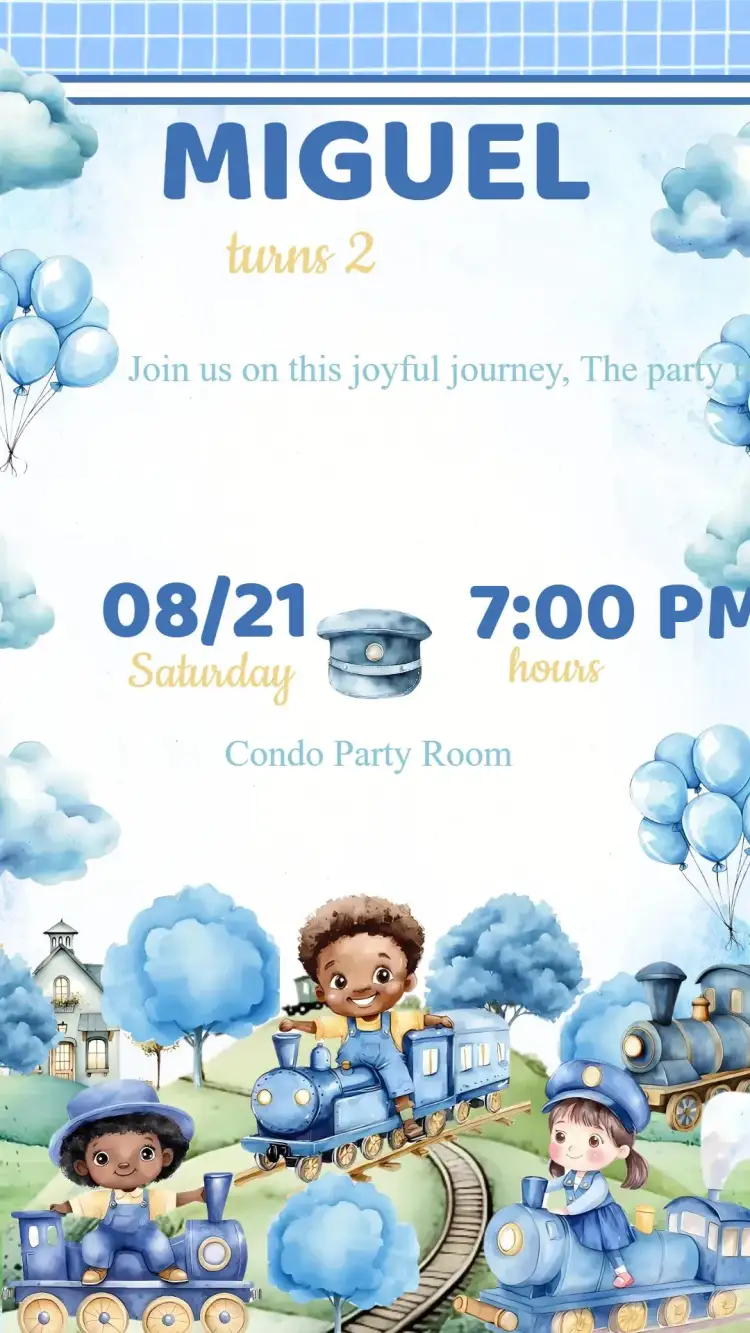 Invitation Blue Train Birthday Invitation – Kids' Birthday Party theme blue, playful, fun, childlike, colorful, themed