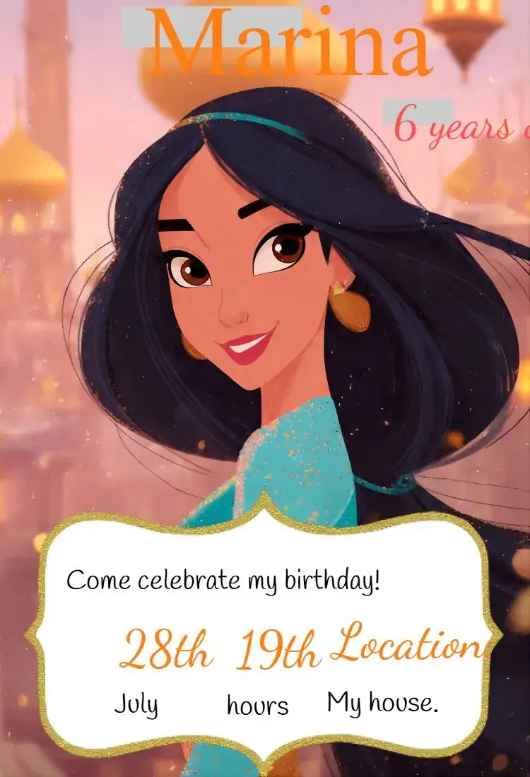 Invitation Jasmine Invitation – Birthday theme vibrant colors, fairy tale theme, playful elements, modern style, colorful illustrations, childish design