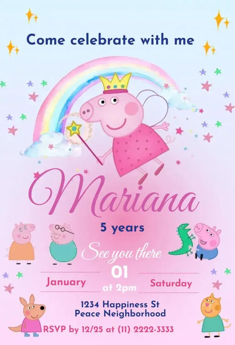 Invitation Peppa Pig and Family – Most searched for theme pink, fun, colorful, childlike, themed, lively