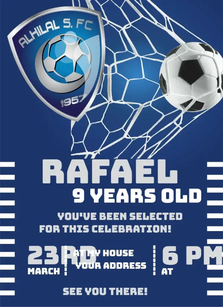 Invitation Al-hilal 1 – Birthday theme soccer, blue and white, modern, sporty, youthful, vibrant