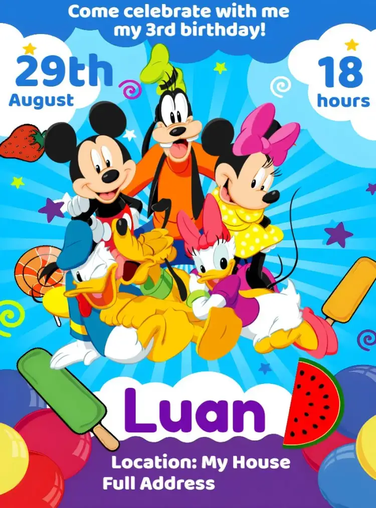 Invitation Purple Mickey Gang – Kids' Birthday Party theme purple, blue, white, fun-themed, childish, themed