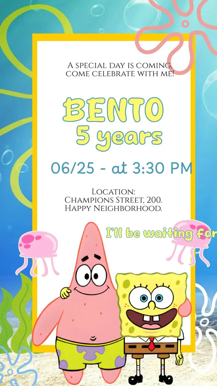 Invitation Bob Sponge Digital Invitation – Kids' Birthday Party theme under the sea, colorful, themed, fun-filled, child-friendly, lively