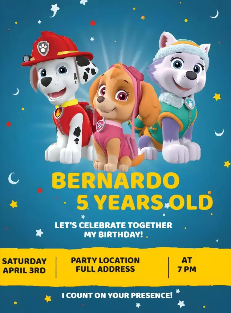 Invitation Paw Patrol – Kids' Birthday Party theme colorful, fun, themed, childlike, adventurous, playful