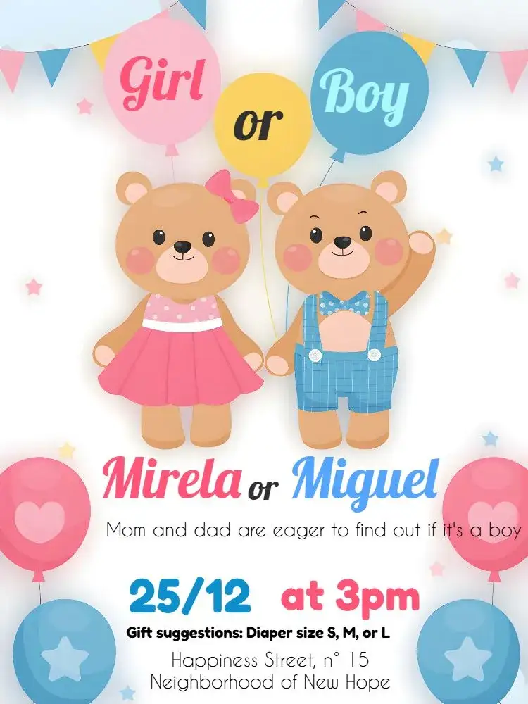 Invitation Teddy Bear Balloon Gender Reveal – Gender Reveal theme colorful, playful, cute, modern, lively