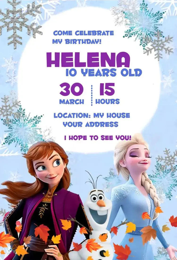 Invitation Frozen 2 – Birthday theme ice, snow, light blue, Disney characters, magical style