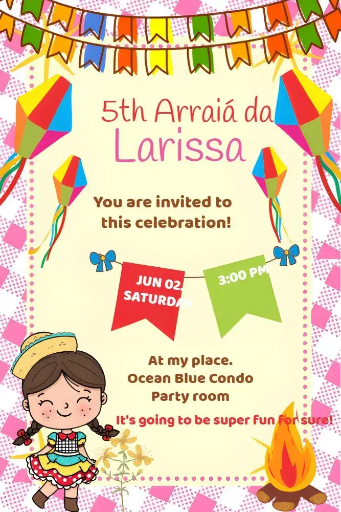 Invitation São João Arraiá Menina – Commemorative Dates theme colorful, June-themed, childish, fun-filled, contemporary