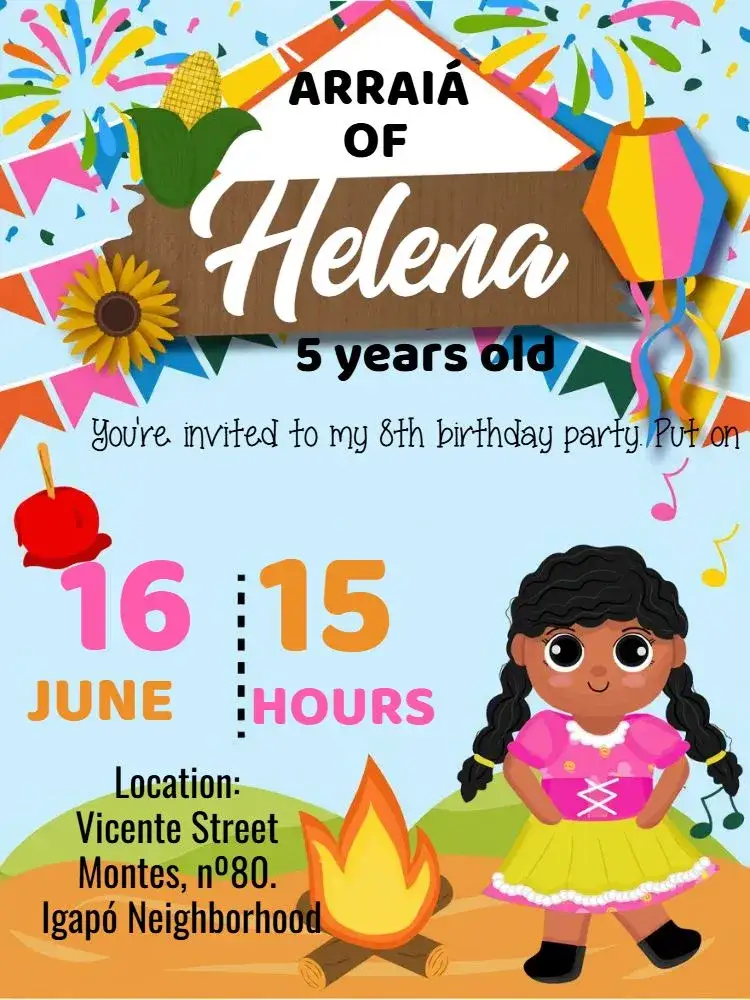 Invitation Festa Junina Arraiá São – Commemorative Dates theme colorful, themed, vibrant, rustic, fun, festive