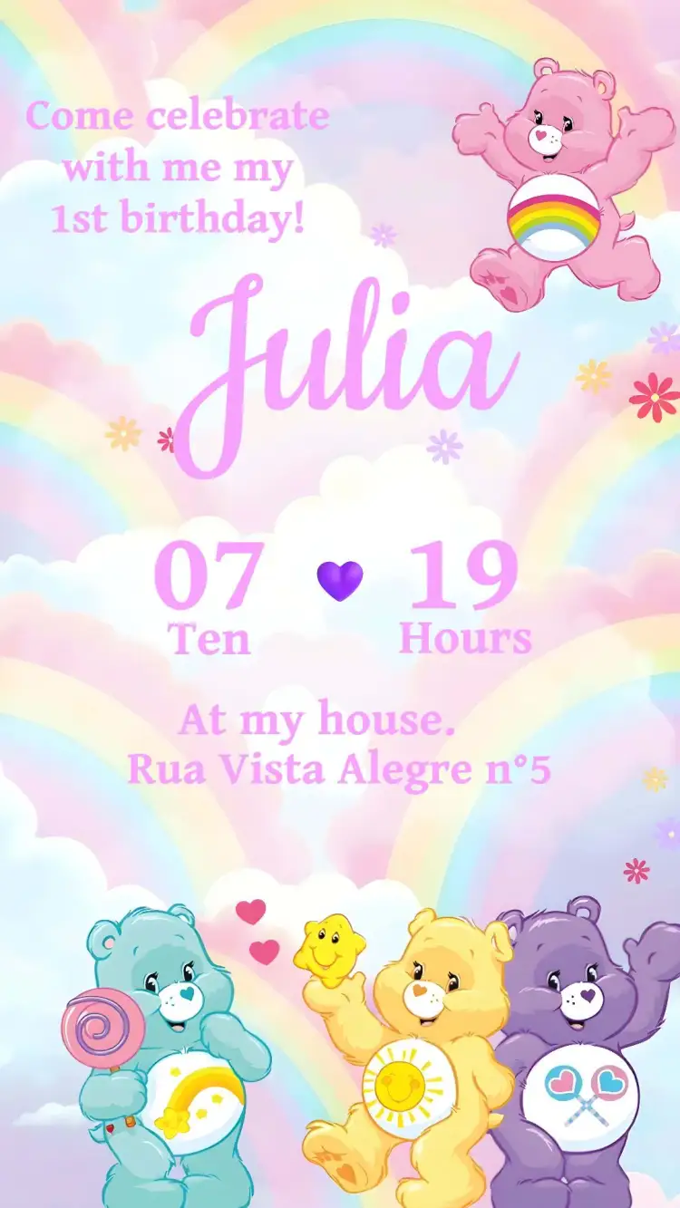 Invitation Care Bears Pink – Kids' Birthday Party theme pink, cute, childish, colorful, fun, sweet
