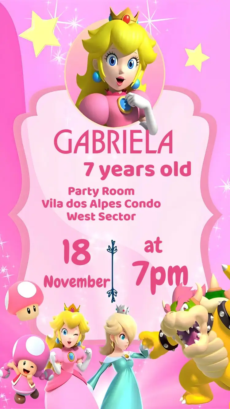 Invitation Princess Peach – Kids' Birthday Party theme pastel colors, princess illustrations, playful style, fantasy elements, charming design, fairy tale theme