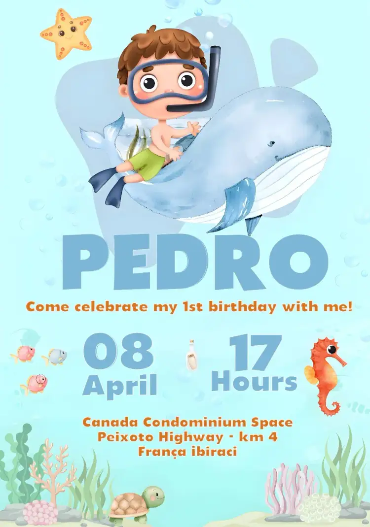Invitation Under the Sea Boy Marine – Kids' Birthday Party theme navy blue, watercolor, colorful, fun, themed, childlike