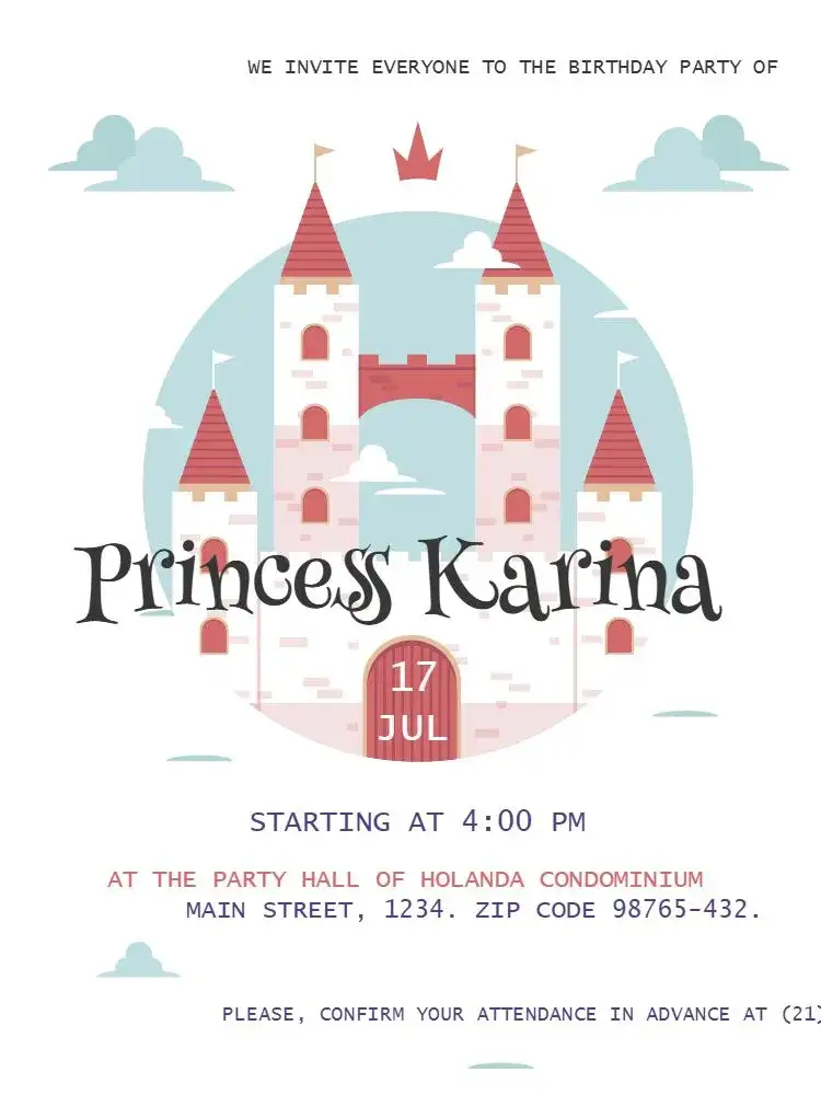 Invitation Simple Ludic Castle – Kids' Birthday Party theme playful, blue, white, clouds, simplicity, magical