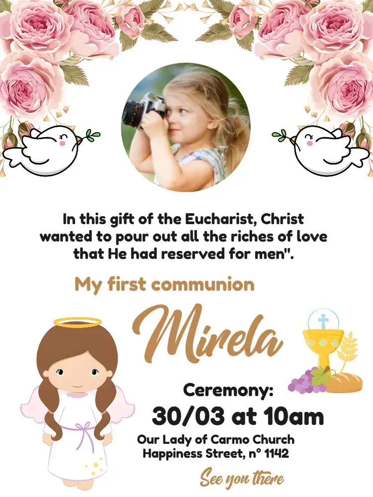 Invitation First Communion With Church Photo – First Communion theme pink, delicate, elegant, spiritual, childlike, classic