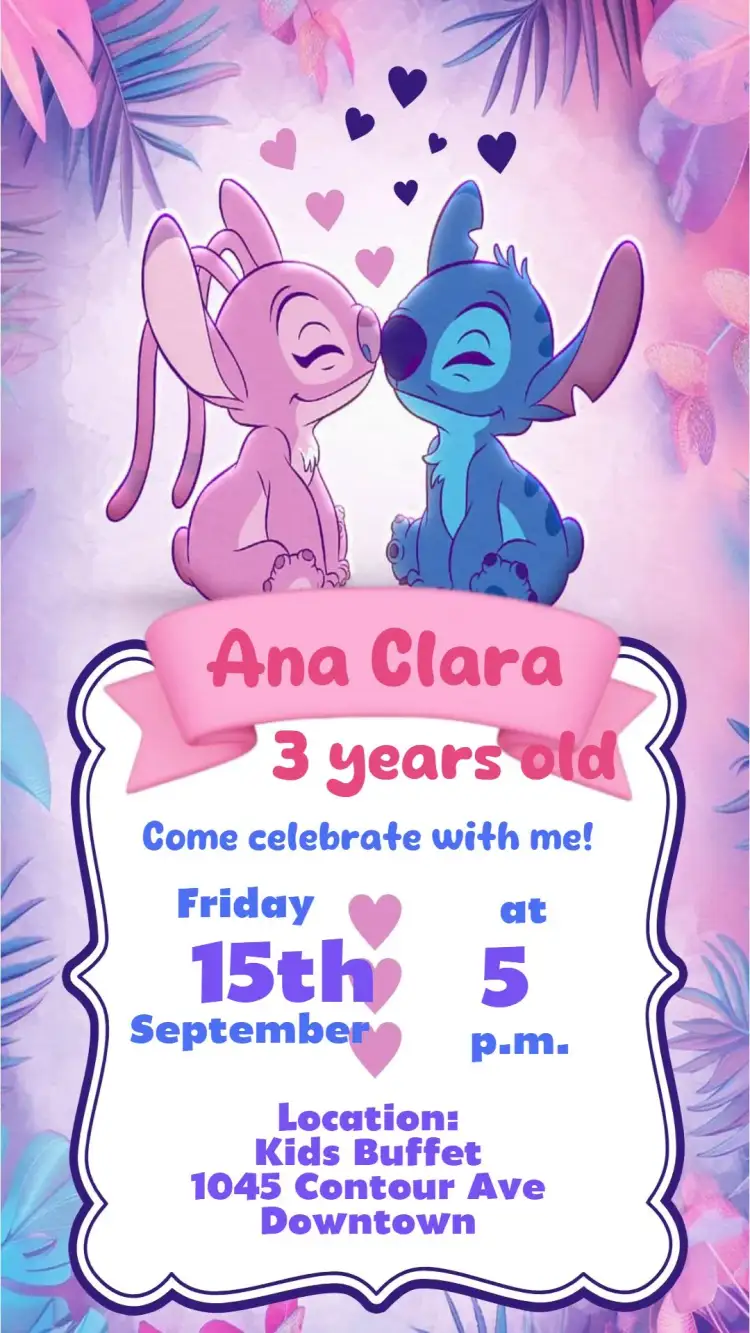 Invitation Angel and Stitch – Kids' Birthday Party theme colorful, fun, themed, childish, lively