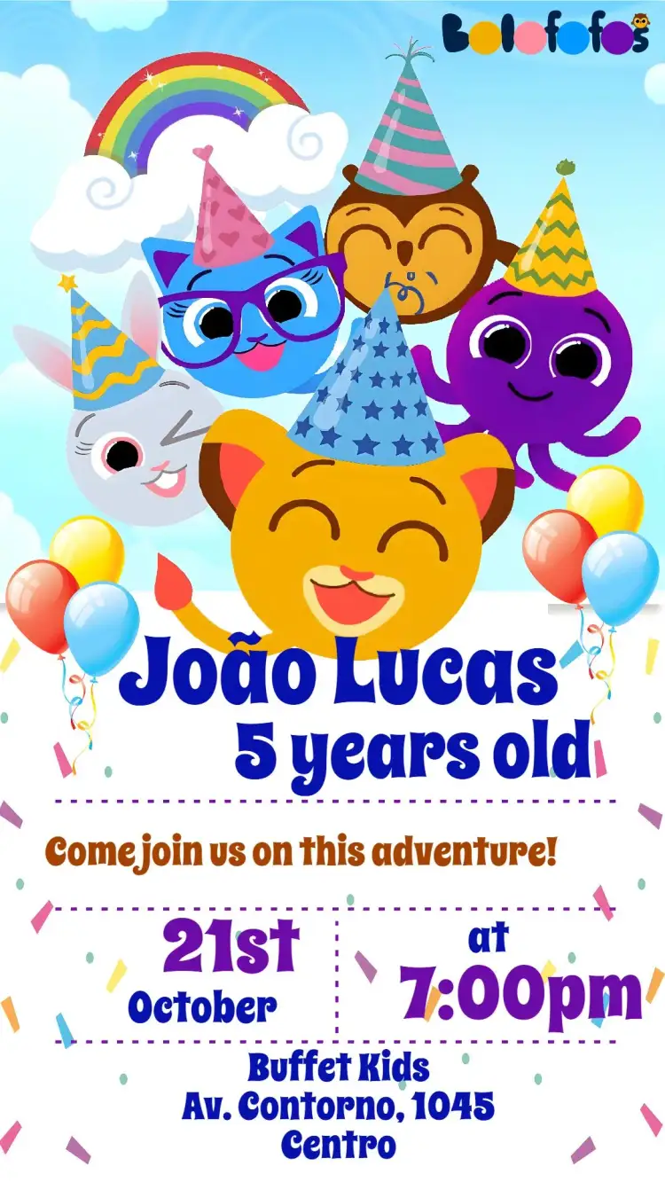 Invitation Bolofofos – Kids' Birthday Party theme colorful, fun, childlike illustrations, party theme, playful, vibrant