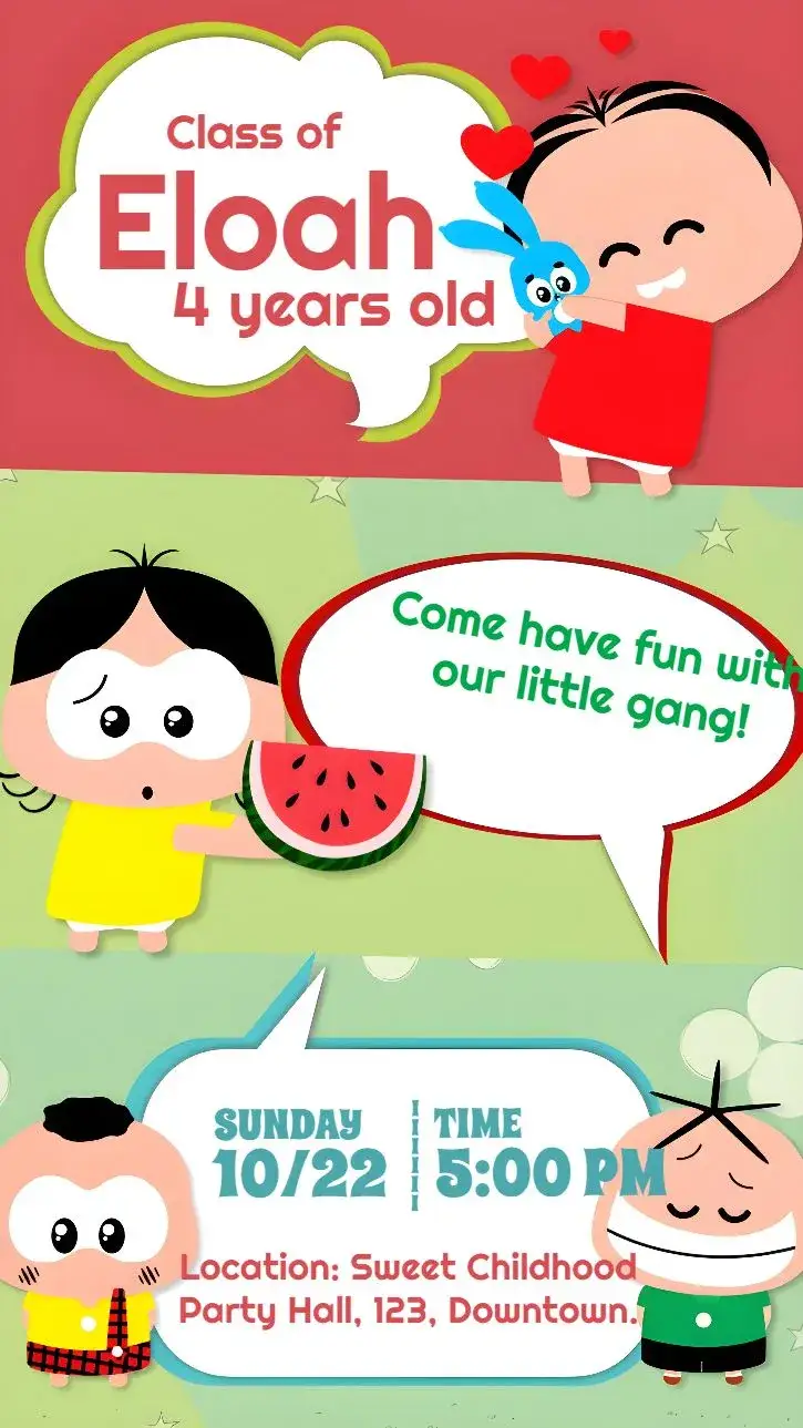 Invitation Turma Da Mônica Toy Party – Kids' Birthday Party theme colorful, fun, playful, modern, childlike