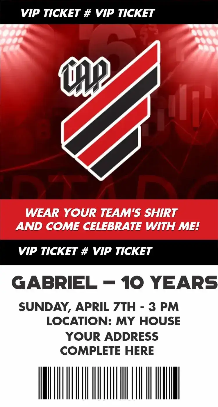 Invitation Athletico Paranaense ticket – Birthday theme red and black, modern, soccer, dynamic, vibrant