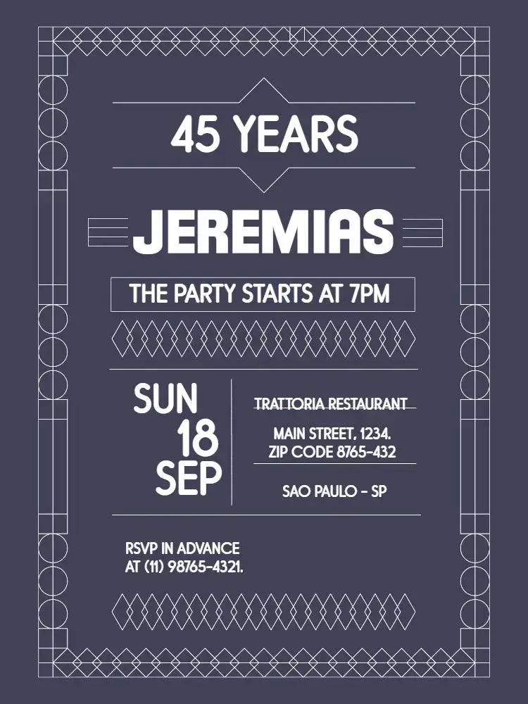 Invitation 45 Years Blue Party – Kids' Birthday Party theme dark blue, classic, elegant, geometric, modern