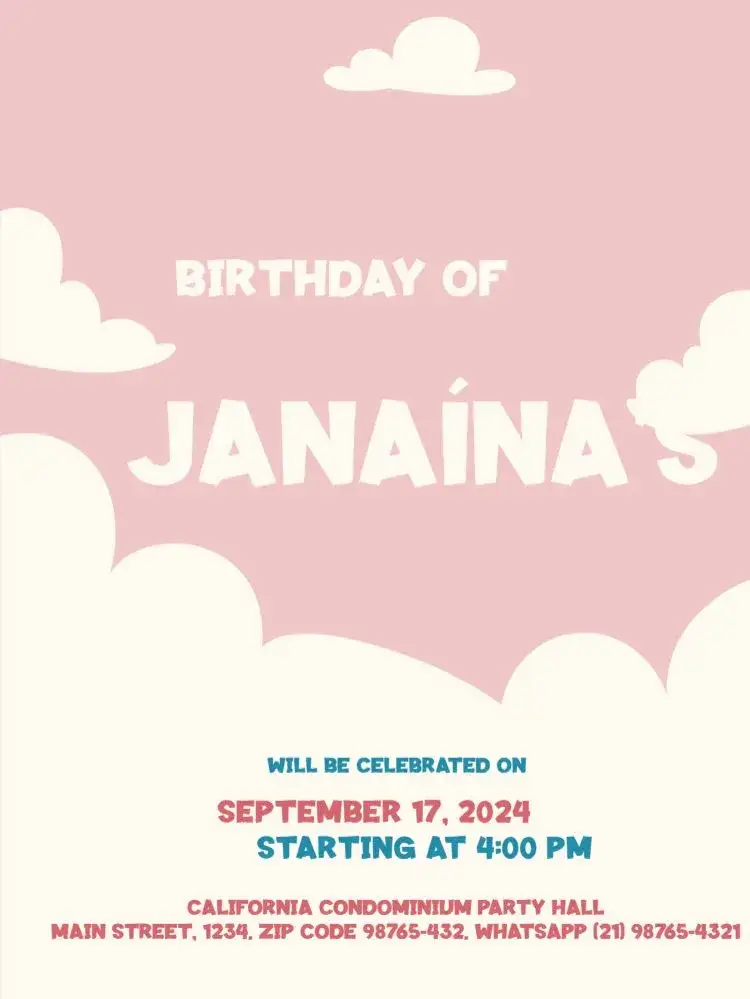 Invitation Rose with Clouds Drawing – Kids' Birthday Party theme playful, pink, childish, soft, fun