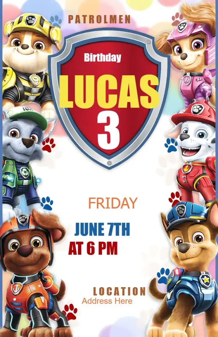 Invitation PAW Patrol Drawing – Kids' Birthday Party theme colorful, fun, watercolor, themed, childlike