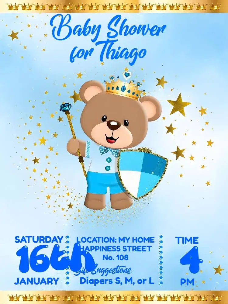 Invitation White Prince Teddy Bear Baby Shower – Diaper Shower theme blue, white, yellow, stars, crown, playful