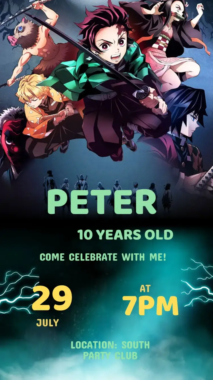 Invitation Invitation Birthday Damon Slayer – Kids' Birthday Party theme anime, adventure, vibrant colors, dynamic illustrations, modern style, fun theme