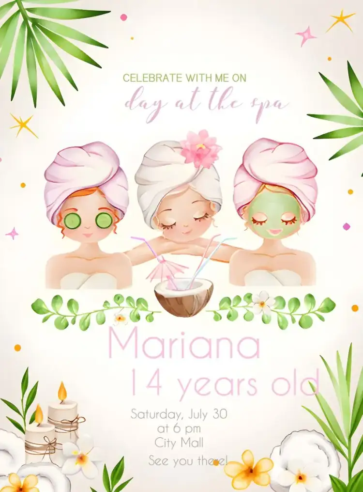 Invitation Girls Spa Day – Most searched for theme pink, green, modern, fun, healthy lifestyle, relaxing
