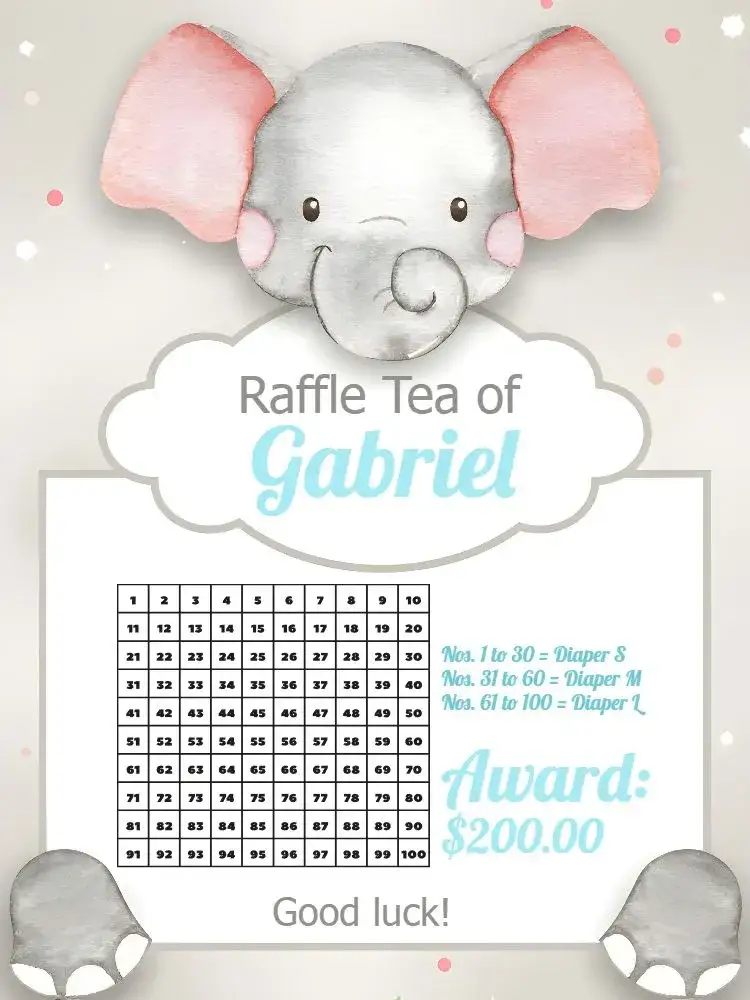 Invitation Elephant Safari Tea Raffle – Raffle Tea theme safari, minimalist, modern, cute, playful, blue and gray