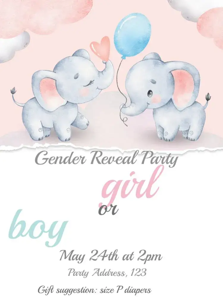 Invitation Elephant and Blue Balloon Gender Reveal Tea Party – Raffle Tea theme children's, playful, colorful, cheerful, modern