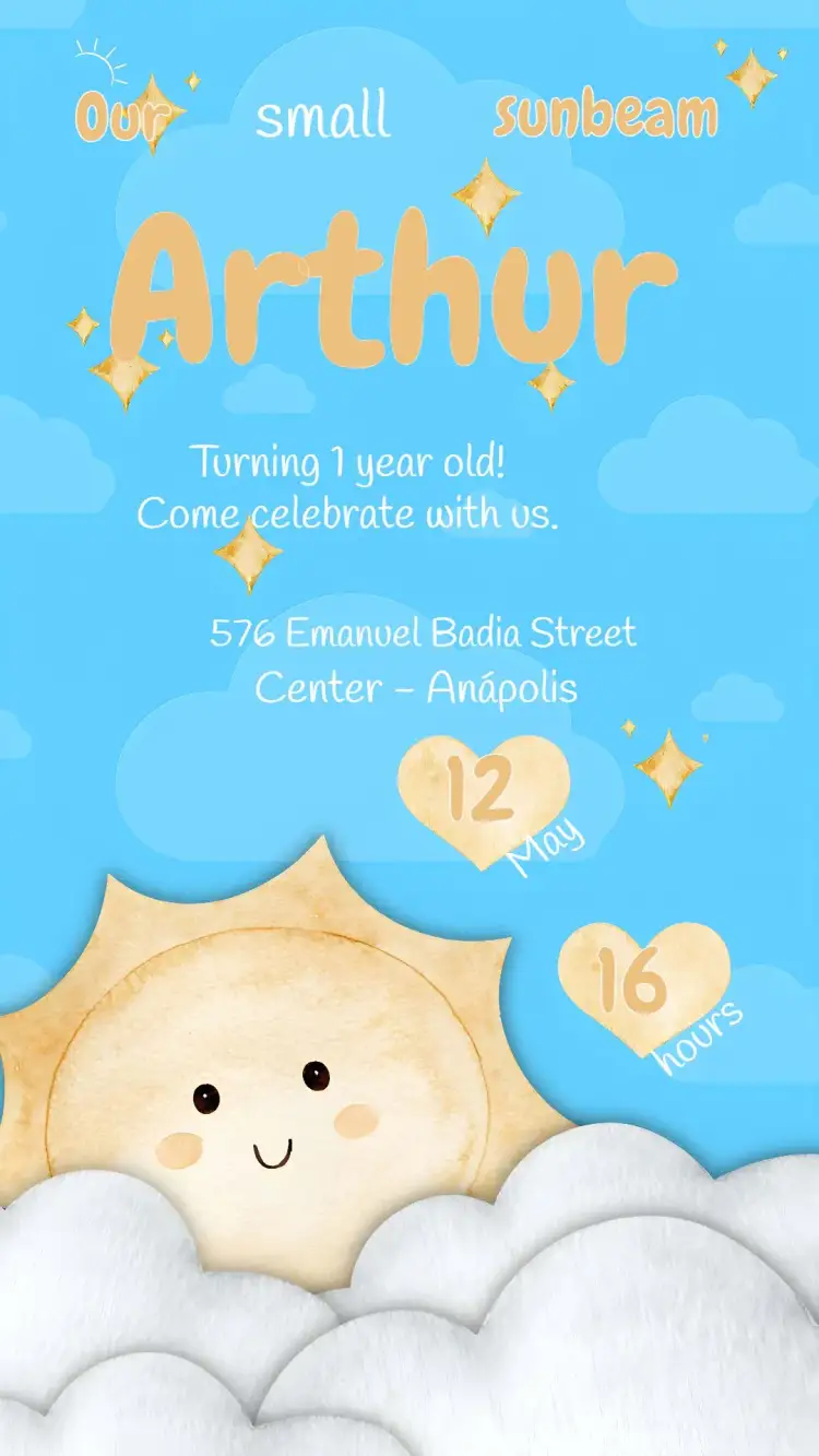 Invitation Sunshine Sunbeam – First Communion theme blue, sunlight, childish, cheerful, modern, simplicity