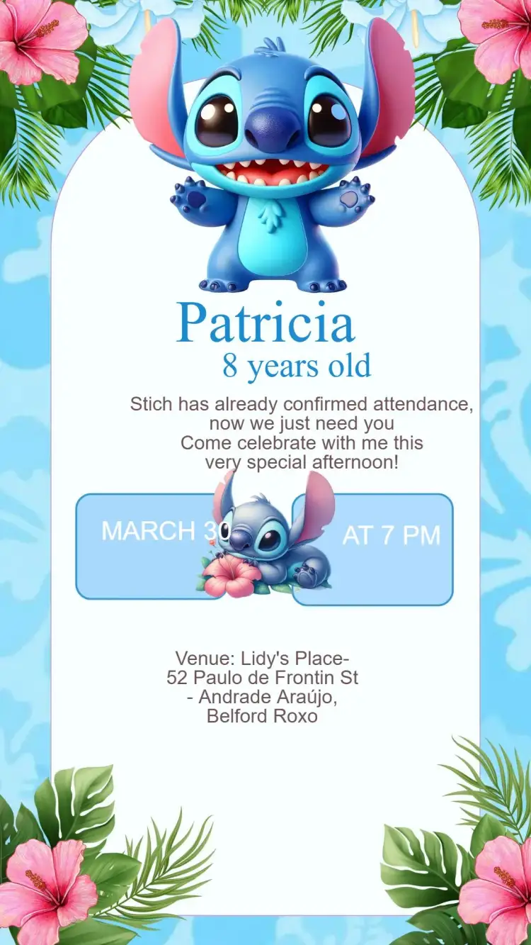 Invitation Stitch Birthday Invitation – Kids' Birthday Party theme vibrant colors, playful style, Stitch's graphic elements, tropical theme, fun, colorful