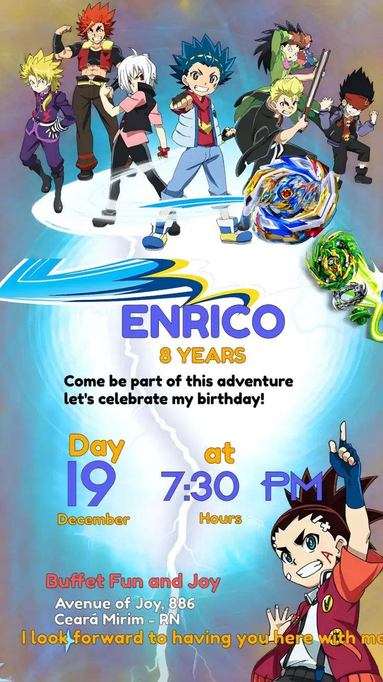 Invitation Beyblade – Kids' Birthday Party theme blue, battle-themed, modern, fun, youthful, dynamic