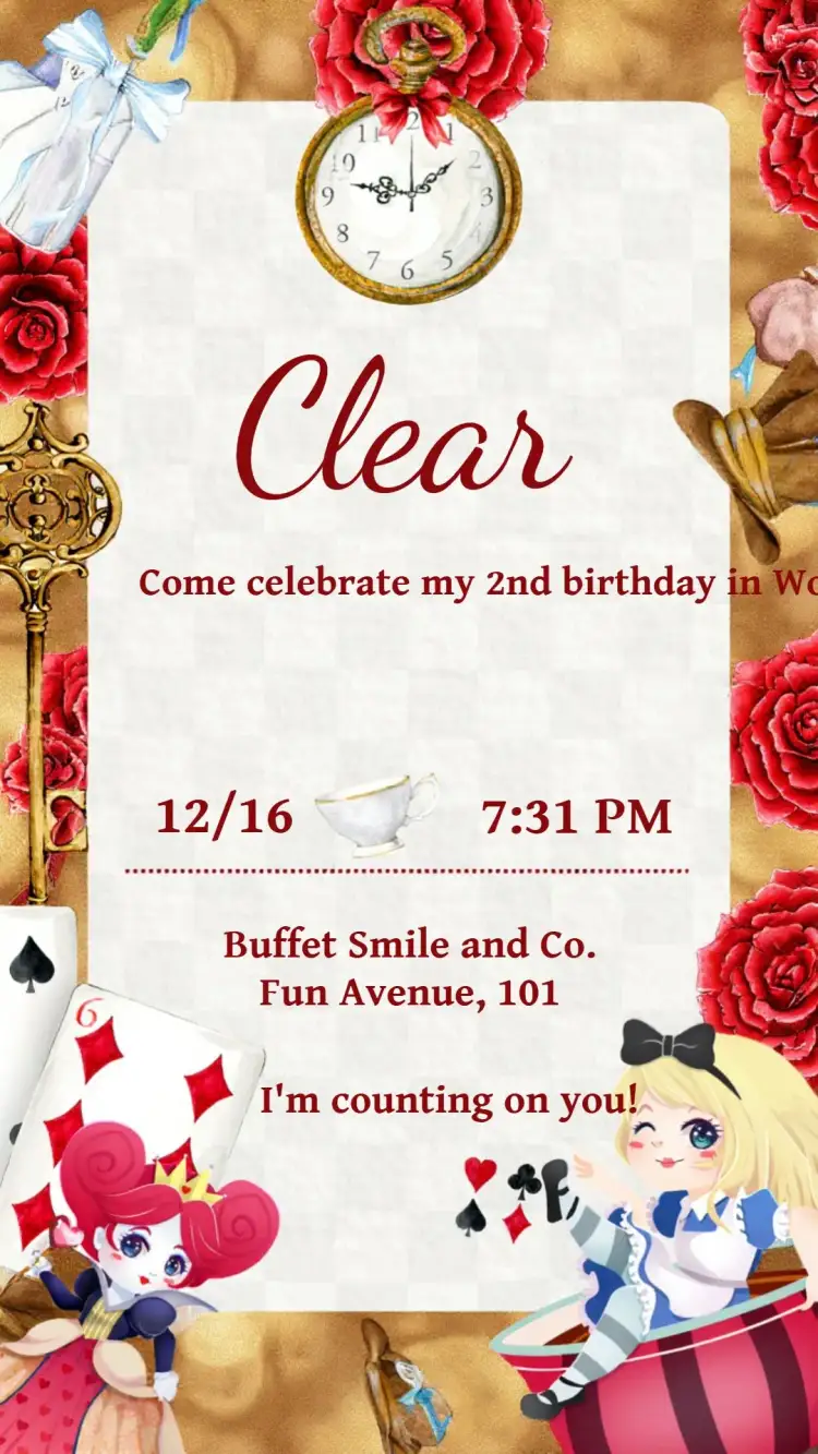 Invitation Alice In Wonderland Children's Party – Commemorative Dates theme playful, colorful, fantastic, vintage, childlike illustrations