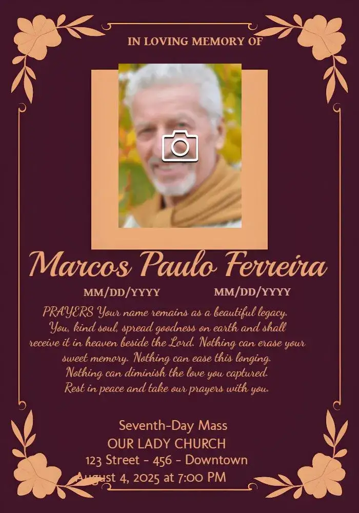 Invitation Seventh Day Mass With Deceased Photo – Commemorative Dates theme elegant, floral, soft, classic, modern