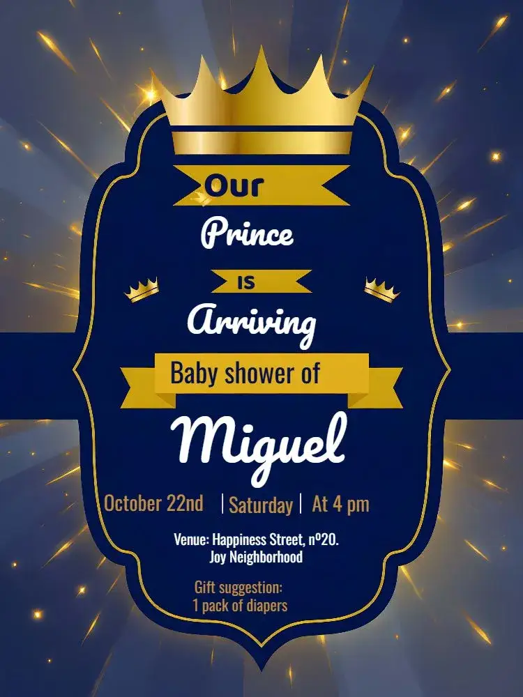 Invitation Royal Baby Shower Tea – Diaper Shower theme royalty, blue, golden, white, modern, sparkle