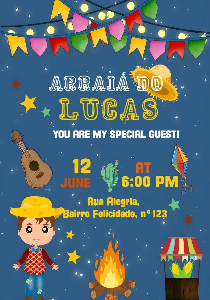 Invitation For Arraiá Festa Junina João – Commemorative Dates theme colorful, festive, typical, rustic, cheerful, cultural