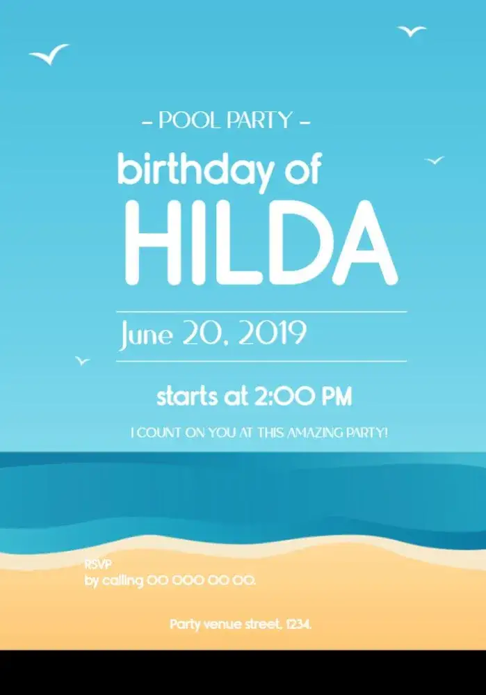 Invitation Praia Adulto – Kids' Birthday Party theme beach, summer, feminine, colorful, fun, tropical