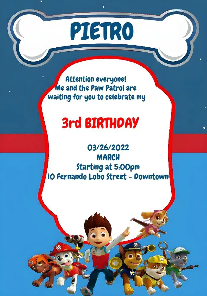 Invitation Paw Patrol Online – Kids' Birthday Party theme colorful, fun, thematic, lively, childlike, youthful