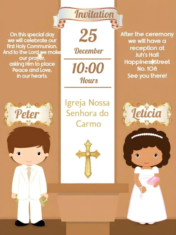 Invitation First Brown Communion – First Communion theme brown, golden, white, elegant, minimalist, childish