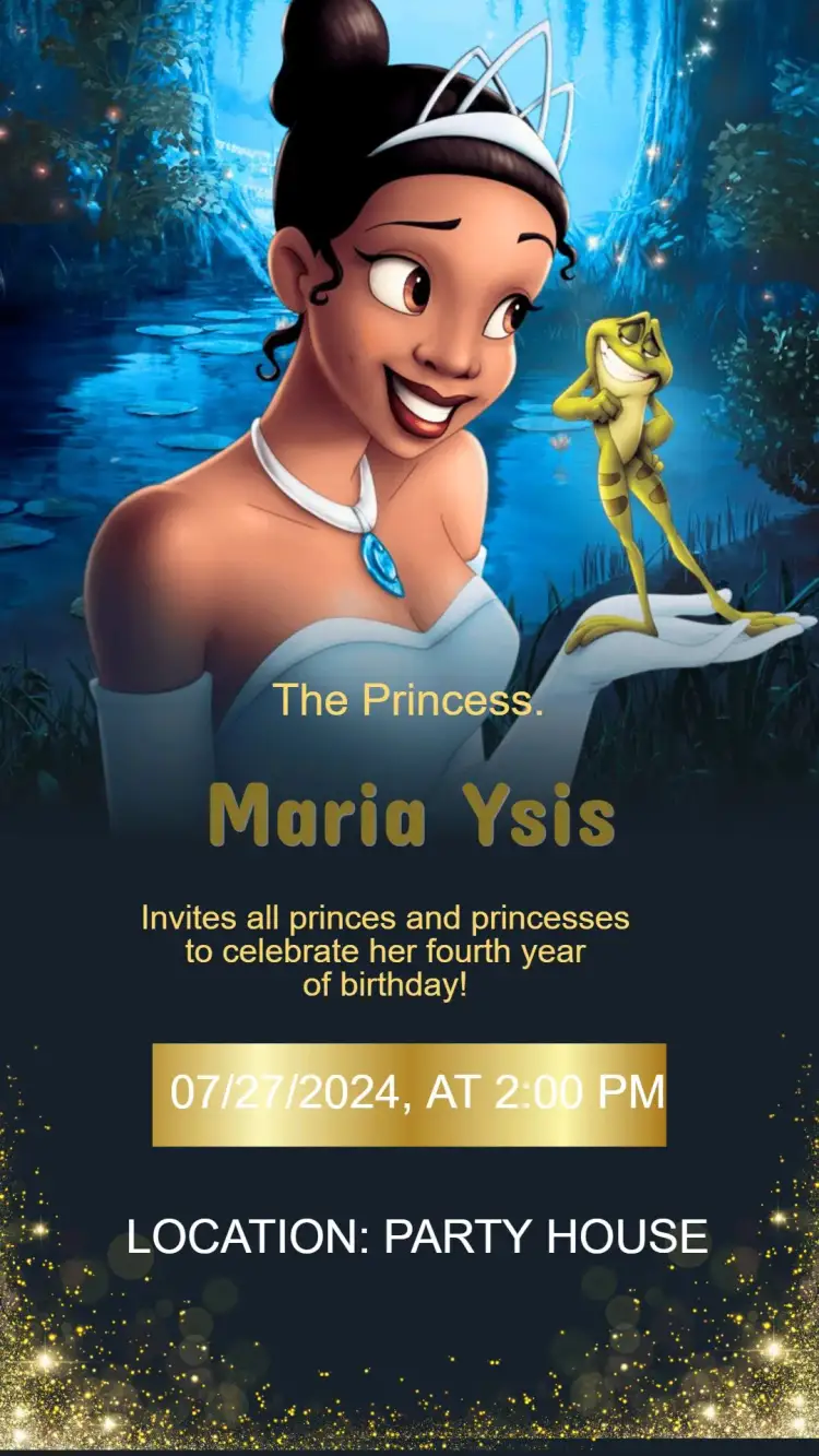 Invitation Princess Tiana Birthday Invitation with the Frog – Kids' Birthday Party theme colorful, fantasy-themed, Disney, vibrant, cheerful, childlike illustrations