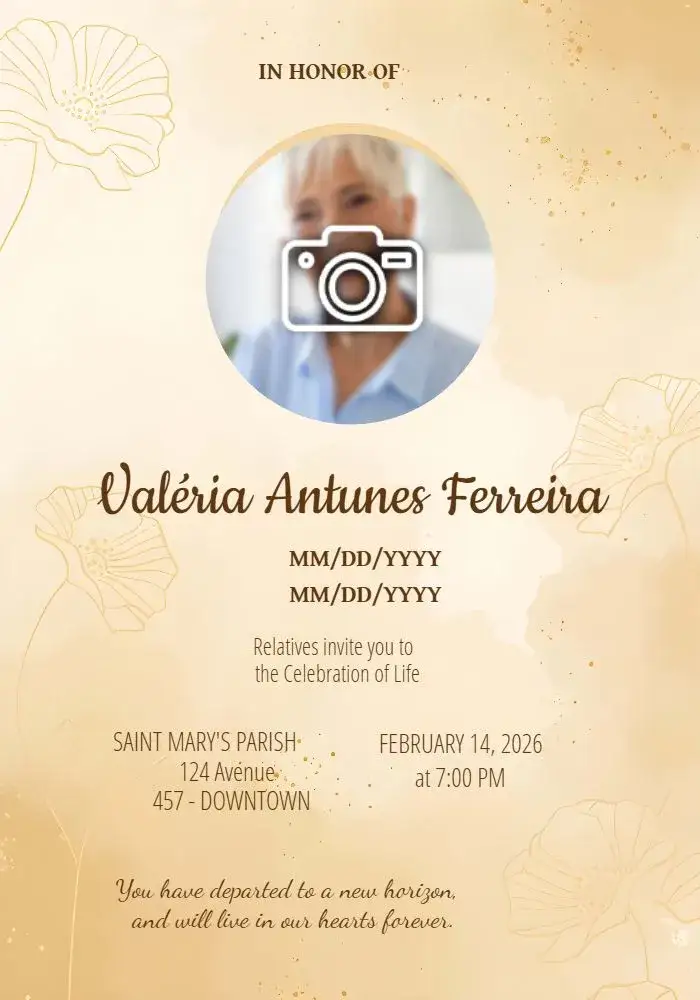 Invitation Mass Of Passing With Photo Year – Commemorative Dates theme golden, white, brown, elegant, minimalist, floral