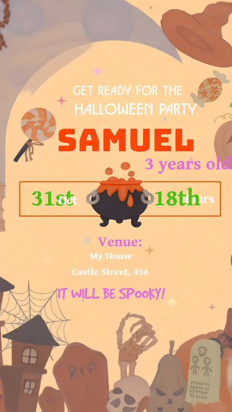 Invitation Halloween Day – Commemorative Dates theme dark, mysterious, colorful, fun, Halloween illustrations, cartoon style