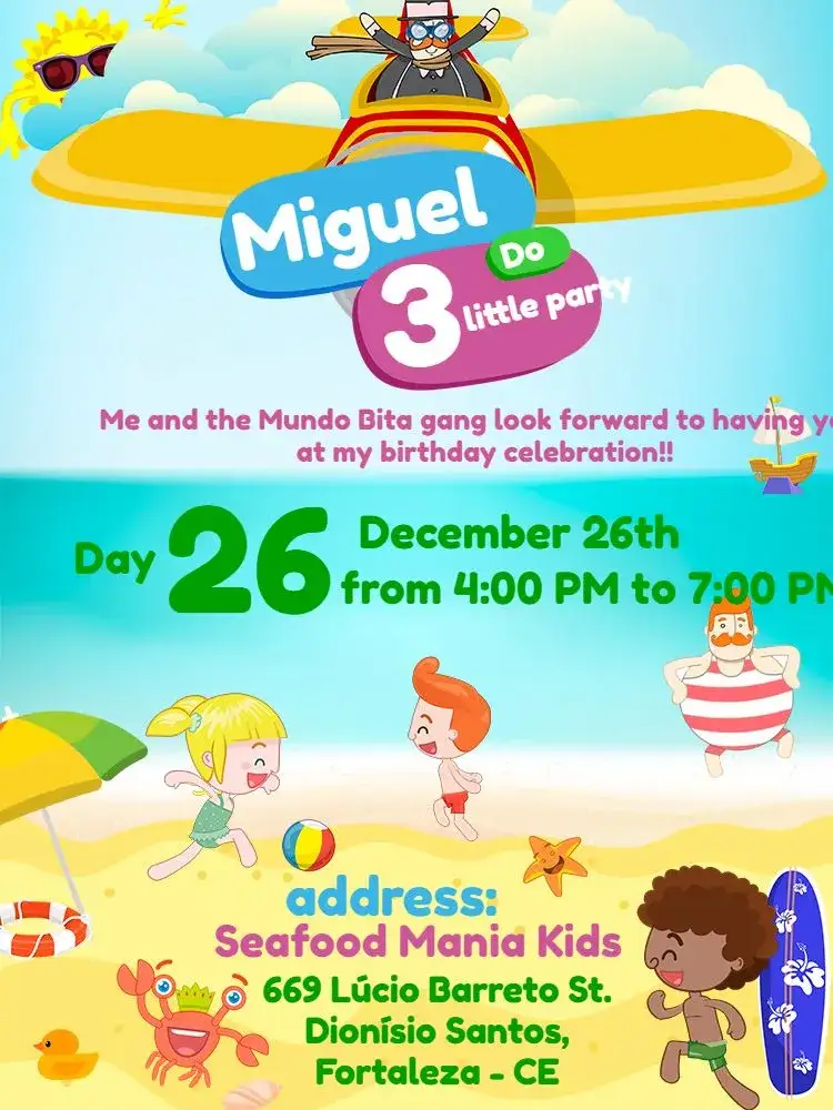 Invitation Mundo Bita Deep Sea Seafood – Kids' Birthday Party theme vibrant colors, navy blue, fun-filled, playful, beachy, adventure