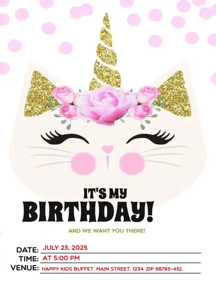 Invitation Young Editable Cat Party – Kids' Birthday Party theme playful, colorful, modern, animal-themed, childlike, festive
