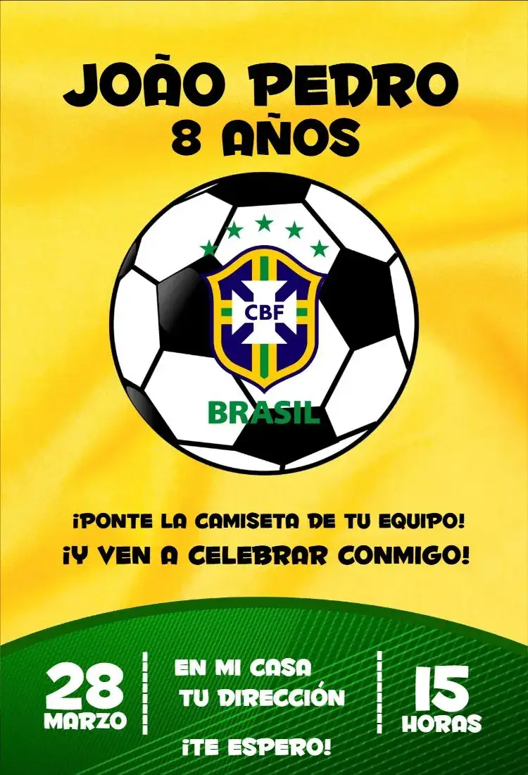 Invitación Copa del Mundo 3 – tema Cumpleaños vibrante, deportivo, brasileño, colorido, divertido