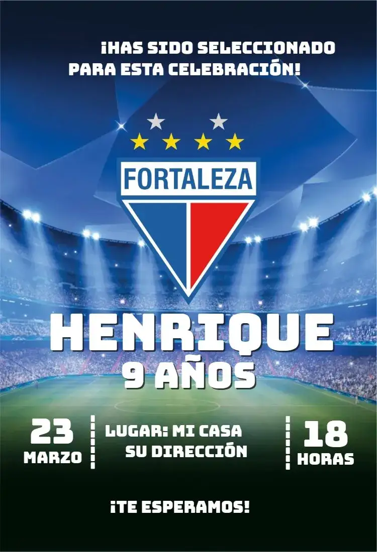 Invitación Fortaleza 4 – tema Cumpleaños colores vibrantes, estilo deportivo, elementos gráficos de fútbol, diseño moderno, tema de equipo