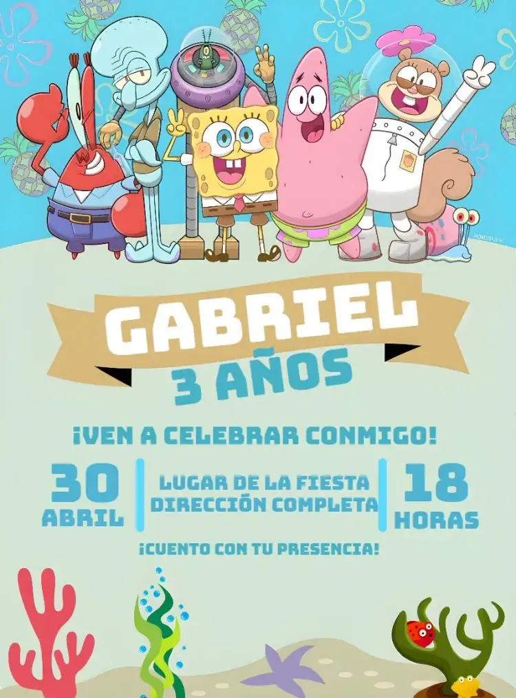 Invitación Bob Esponja Dibujo – tema Más buscados colorido, divertido, azul marino, infantil, temático, vibrante