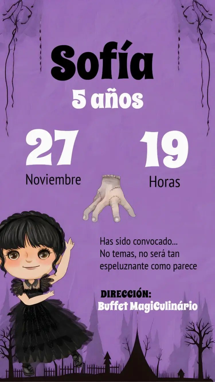Invitación Wandinha Addams Suspense – tema Más buscados suspenso, gótico, sombrio, moderno, temático, divertido