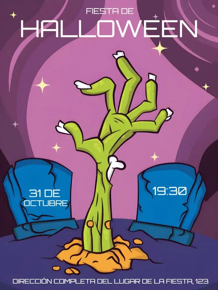 Invitación Halloween Morado – tema Fechas Conmemorativas morado, negro, verde, zombi, brujas, fiesta temática